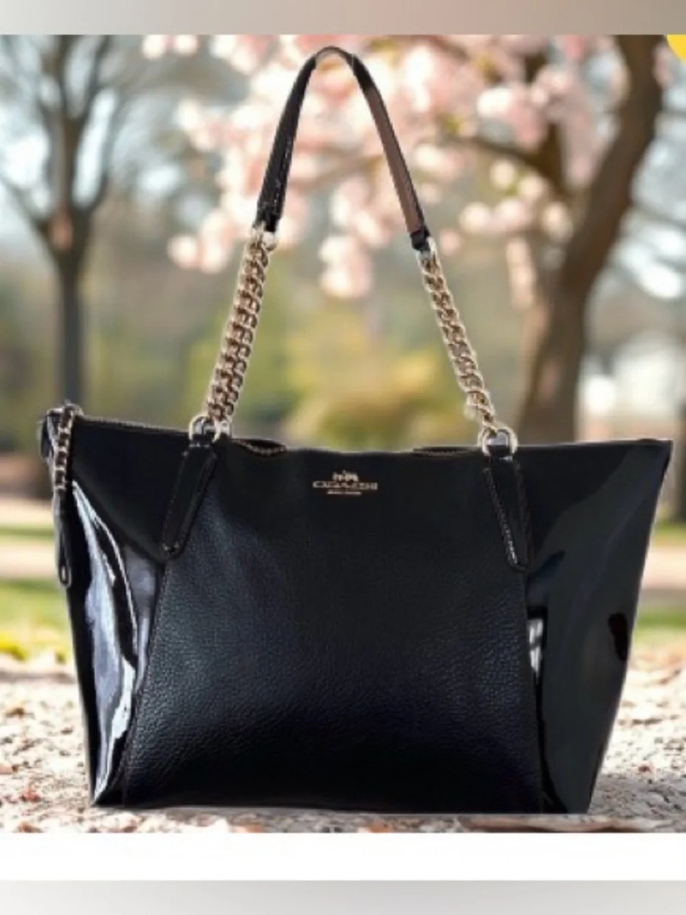 Coach Black Leather Tote with Gold Chain Straps